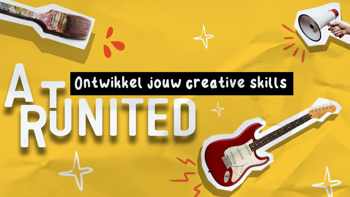 Logo en muziekinstrumenten op gele achtergrond
